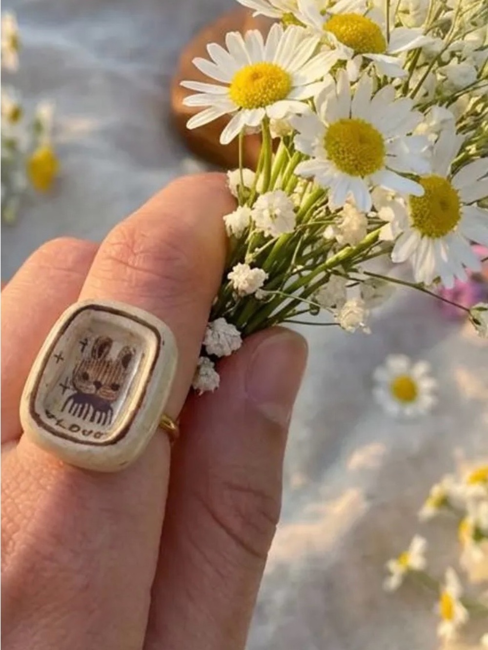 Handmade Ceramic Signet Ring with Cute Bunny Motif - Cream & Gold